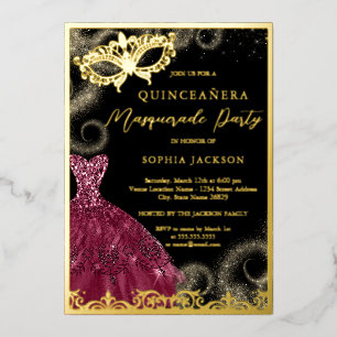 Invitación Con Relieve Metalizado Vestido de Burgundy Dorado para Fiesta de Máscaras