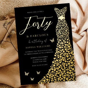 Invitación Con Relieve Metalizado Vestido de corazón de amor dorado Cumpleaños negro