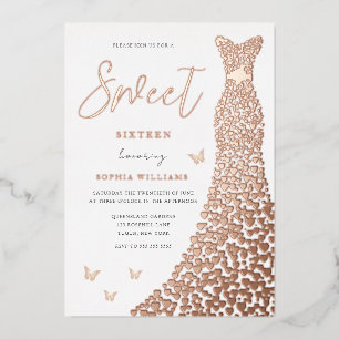 Invitación Con Relieve Metalizado Vestido de corazón de lámina de oro rosa Mariposa