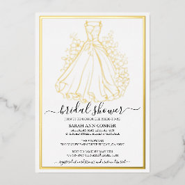 Invitación Con Relieve Metalizado vestido de desayuno nupcial y flores
