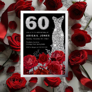 Invitación Con Relieve Metalizado Vestido de Diamante de Rosas Rojas Cumpleaños 60 C