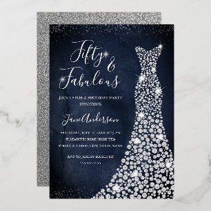 Invitación Con Relieve Metalizado  Vestido de diamantes de la Marina 50 y Cumpleaños