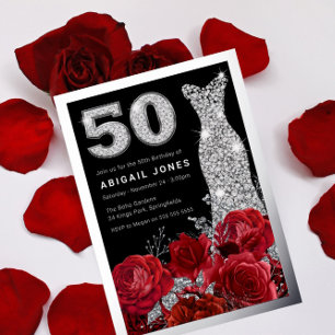 Invitación Con Relieve Metalizado Vestido de Diamantes de Rosas Rojas Cumpleaños 50