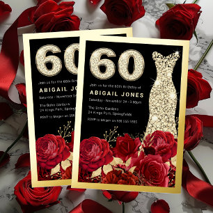Invitación Con Relieve Metalizado Vestido de Diamantes de Rosas Rojas Cumpleaños 60