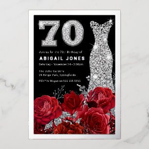 Invitación Con Relieve Metalizado Vestido de Diamantes de Rosas Rojas Cumpleaños 70