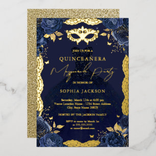 Invitación Con Relieve Metalizado Vestido de fiesta de disfraz de flores Navy Quince