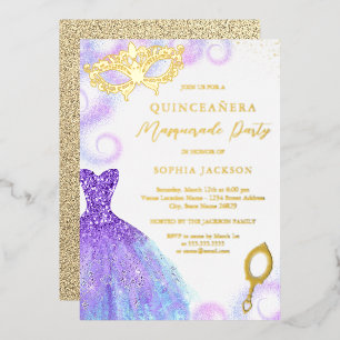 Invitación Con Relieve Metalizado Vestido de fiesta de máscara azul púrpura Quincean