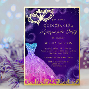 Invitación Con Relieve Metalizado Vestido de fiesta de máscaras púrpura dorado Quinc
