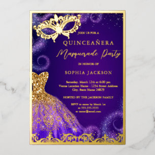 Invitación Con Relieve Metalizado Vestido de fiesta de máscaras púrpura dorado Quinc