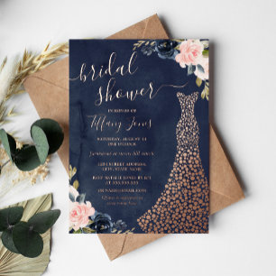 Invitación Con Relieve Metalizado Vestido de flores de oro rosa de la Marina Bridal