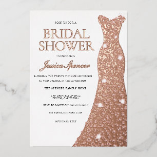 Invitación Con Relieve Metalizado Vestido De Gala De Oro Rosa Con Estampado En Folio