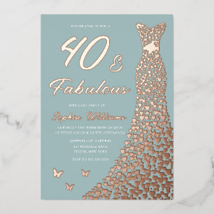 Invitación Con Relieve Metalizado Vestido de lámina de oro rosa 40 y fabuloso cumple