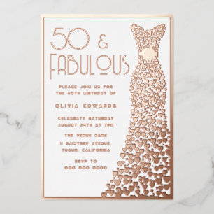 Invitación Con Relieve Metalizado Vestido de lámina de oro rosa 50 y fabuloso Cumple