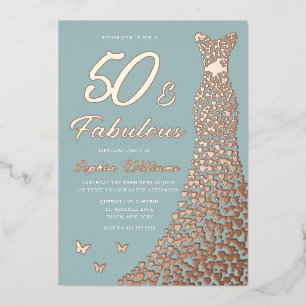 Invitación Con Relieve Metalizado Vestido de lámina de oro rosa 50 y fabuloso cumple
