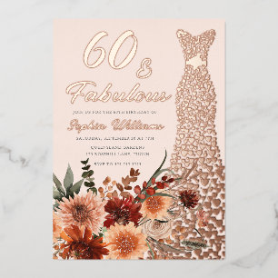 Invitación Con Relieve Metalizado Vestido de lámina de oro rosa boho floral 60 cumpl