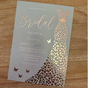 Invitación Con Relieve Metalizado Vestido de lámina de oro rosa Bridal Shower impres