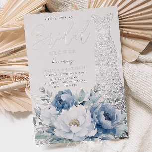 Invitación Con Relieve Metalizado Vestido de lámina de plata floral azul polvoriento