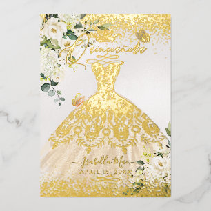 Invitación Con Relieve Metalizado Vestido de lentejuelas doradas para Quinceañera de