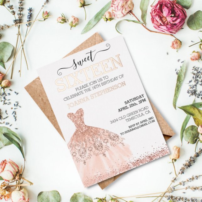 Invitación Con Relieve Metalizado Vestido de lentejuelas Rose Gold Real Foil Dulces  (Subido por el creador)
