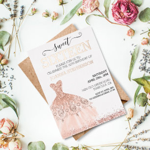 Invitación Con Relieve Metalizado Vestido de lentejuelas Sweet 16 dieciséis de oro r