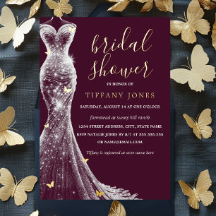 Invitación Con Relieve Metalizado Vestido de Mariposa de Borgoña Dorado para Despedi