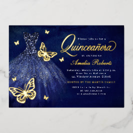 Invitación Con Relieve Metalizado Vestido de mariposa de oro de la marina Quinceaner