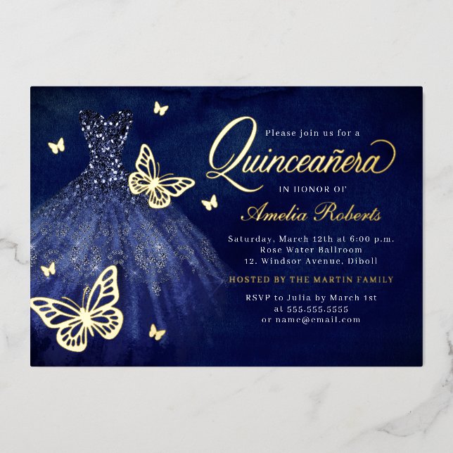 Invitación Con Relieve Metalizado Vestido de mariposa de oro de la marina Quinceaner (Anverso)