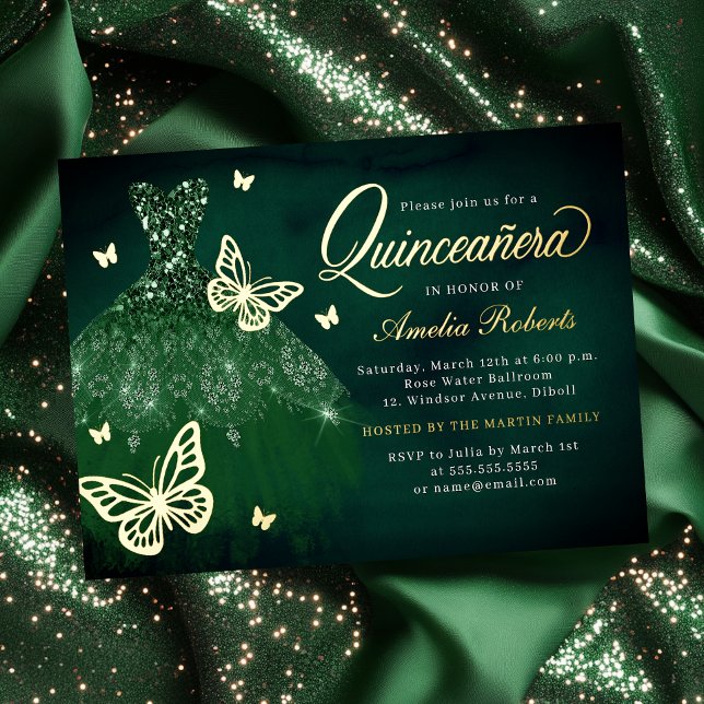 Invitación Con Relieve Metalizado Vestido de mariposa de oro esmeralda Quinceanera (Subido por el creador)