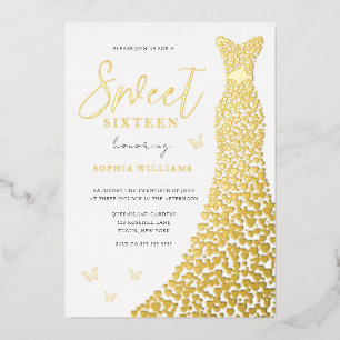 Invitación Con Relieve Metalizado Vestido de Mariposa de Papel de Oro Fiesta Sweet 1