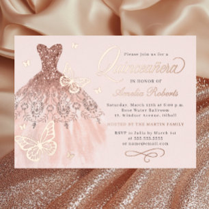 Invitación Con Relieve Metalizado Vestido de Mariposa de Rosa Dorado Brillante Quinc