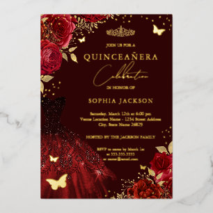 Invitación Con Relieve Metalizado Vestido de Mariposa Floral de Oro Rojo Quinceanera