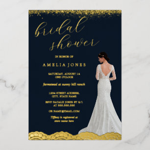Invitación Con Relieve Metalizado Vestido de Novia Azul Marino con Encaje Regalo Des