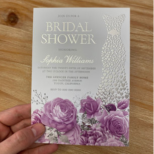 Invitación Con Relieve Metalizado Vestido de Novia Púrpura Lavanda Floral Ducha Nupc