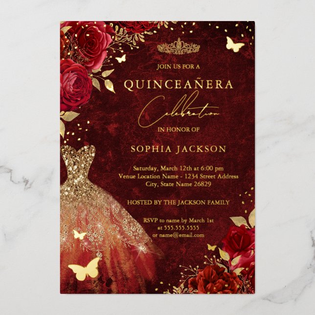 Invitación Con Relieve Metalizado Vestido de oro de mariposa floral roja Quinceanera (Anverso)