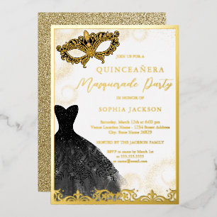 Invitación Con Relieve Metalizado Vestido de oro negro Fiesta de máscaras Quinceaner