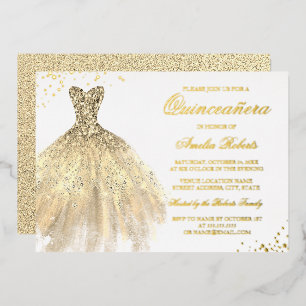 Invitación Con Relieve Metalizado VESTIDO DE ORO REAL CON BRILLO DE HOJA DE ORO Quin