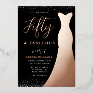 Invitación Con Relieve Metalizado Vestido de oro rosa cincuenta y fabuloso cumpleaño