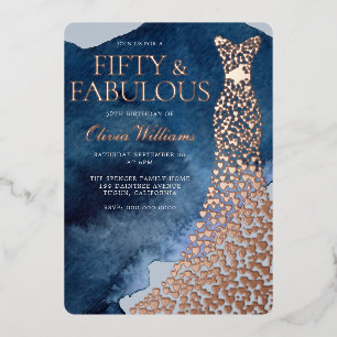 Invitación Con Relieve Metalizado Vestido de oro rosa de cumpleaños 50 azul acuarela