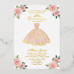 Invitación Con Relieve Metalizado Vestido de oro rosa Quinceanera