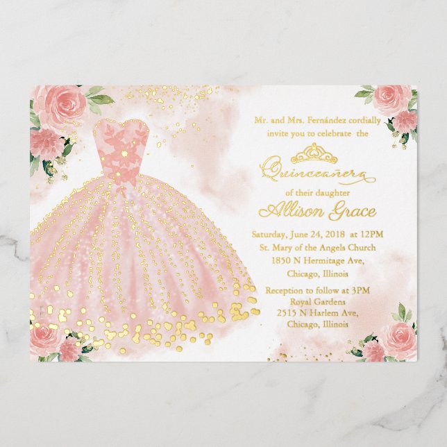 Invitación Con Relieve Metalizado Vestido de oro rosa Quinceanera (Anverso)