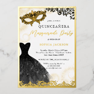 Invitación Con Relieve Metalizado Vestido de oro y negro Fiesta de máscaras Quinceañ