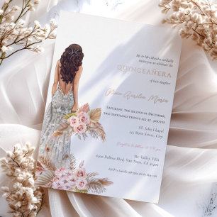 Invitación Con Relieve Metalizado Vestido de Pampas de Rosa Elegante Quinceañera