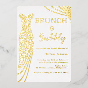 Invitación Con Relieve Metalizado Vestido de papel de oro Brunch y burbujas de la du