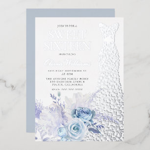 Invitación Con Relieve Metalizado Vestido de papel de plata de rosas azules Fiesta d
