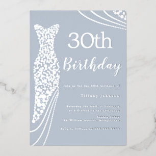 Invitación Con Relieve Metalizado Vestido de papel de plata Elegante Cumpleaños 30