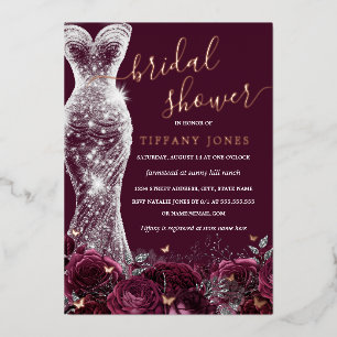 Invitación Con Relieve Metalizado Vestido de plata Borgoña Rosa Oro Bridal Shower