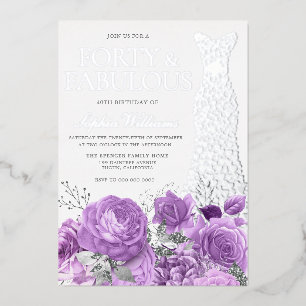 Invitación Con Relieve Metalizado Vestido de plata Cumpleaños 40 Floral Lavanda Púrp
