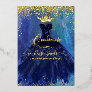 Invitación Con Relieve Metalizado Vestido de quinceañera azul marino aguamarina acua