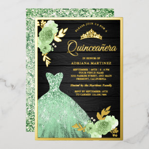 Invitación Con Relieve Metalizado Vestido de quinceañera de madera con destello flor