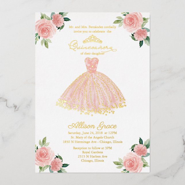Invitación Con Relieve Metalizado Vestido de Quinceañera de Oro Rosa (Anverso)
